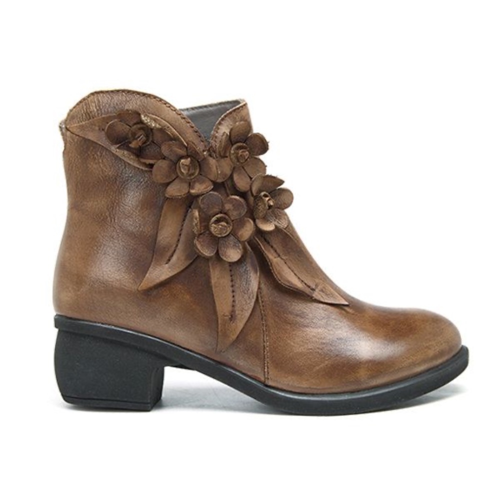 Socofy vintage handmade floral ankle leather boots
